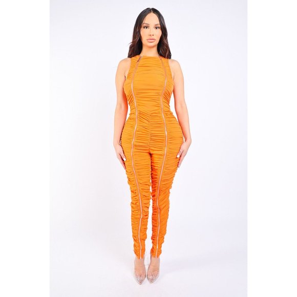 Women Track Zipper AllOver Ruched Jumpsuit Ruffle Dress Bodycon One Piece Romper - Picture 10 of 11